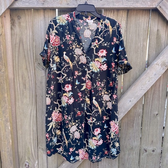 GP&J Baker X H&M Boho Floral Bird Print Collared Neckline Loose Fit Midi Dress - Picture 1 of 6